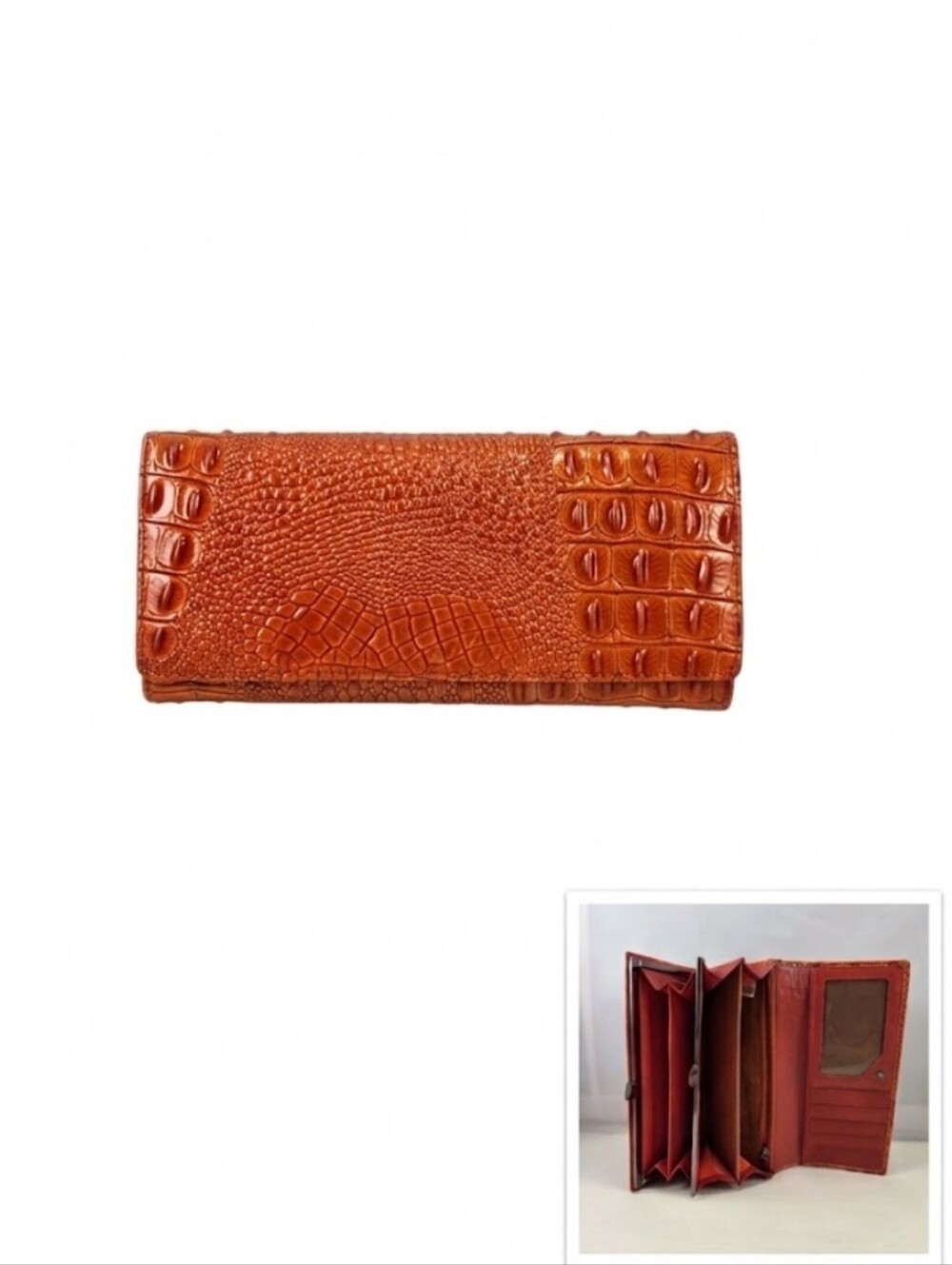 Vera Pelle Burnt Orange Croc Embossed Leather Kiss Lock Wallet